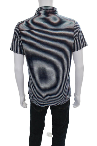 ONIA Mens Linen Striped Polo Shirt Navy Blue White Size Medium