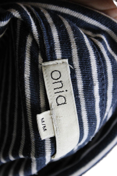 ONIA Mens Linen Striped Polo Shirt Navy Blue White Size Medium