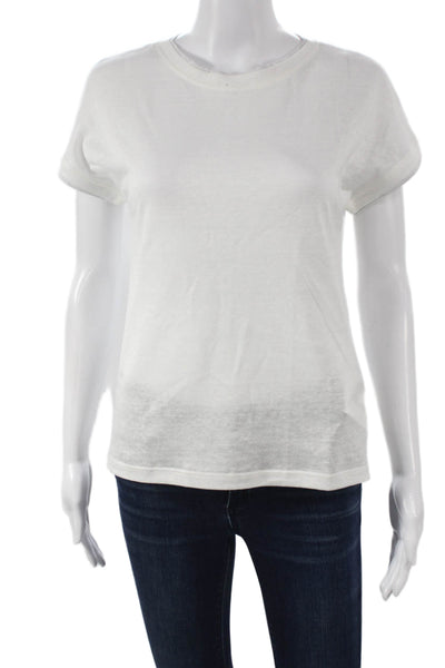 ELEVENTY Womens Basic White Linen Round Neck Short Sleeve T-Shirt Size S