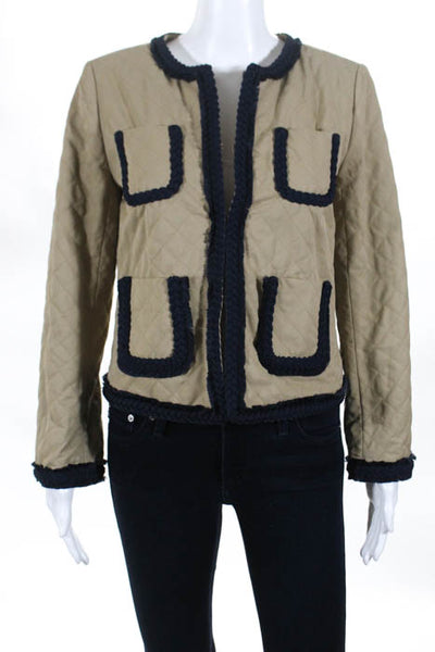 J Crew Beige Blue Trim Long Sleeve Clasp Closure Jacket Size 6