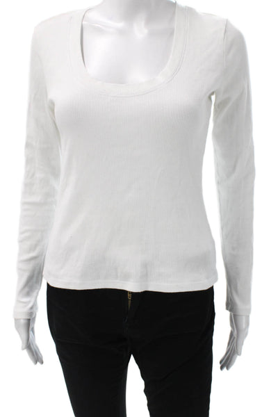 Z Supply Womens Basic Scoop Neck Long Sleeve Blouse White Cotton Blend Size S