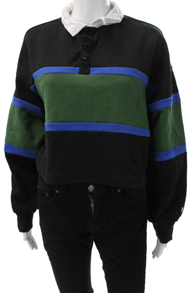 Champion Women Cropped Black Polo Cotton Blend Long Sleeve Size S