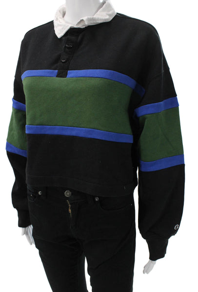 Champion Women Cropped Black Polo Cotton Blend Long Sleeve Size S