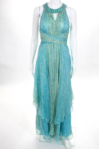 Rickie Freeman Teri Jon Blue Green Silk Printed Beaded Neck Maxi Dress Size 4