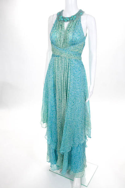 Rickie Freeman Teri Jon Blue Green Silk Printed Beaded Neck Maxi Dress Size 4