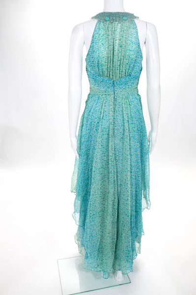 Rickie Freeman Teri Jon Blue Green Silk Printed Beaded Neck Maxi Dress Size 4