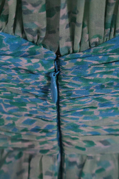 Rickie Freeman Teri Jon Blue Green Silk Printed Beaded Neck Maxi Dress Size 4