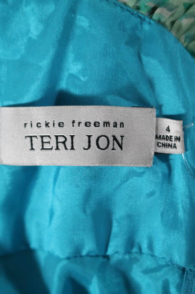 Rickie Freeman Teri Jon Blue Green Silk Printed Beaded Neck Maxi Dress Size 4