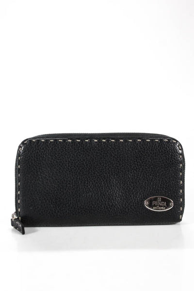 Fendi Black Pebbled Leather Silver Tone Hardware Selleria Zip Around Wallet