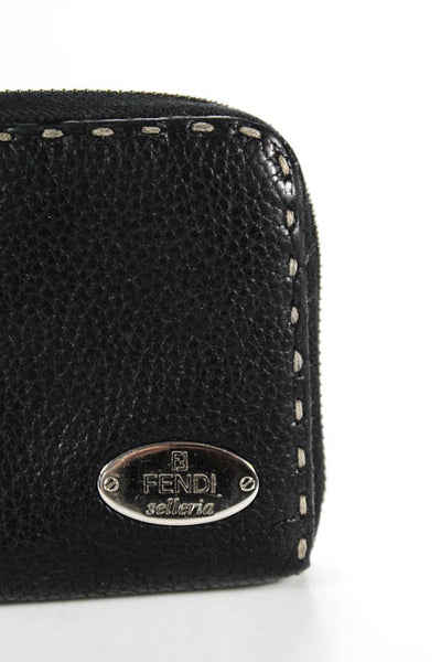 Fendi Black Pebbled Leather Silver Tone Hardware Selleria Zip Around Wallet