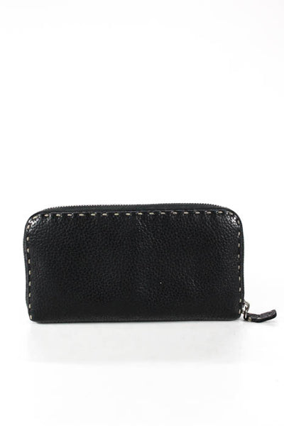 Fendi Black Pebbled Leather Silver Tone Hardware Selleria Zip Around Wallet