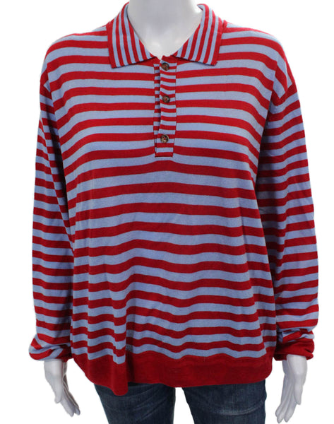 La Ligne Women Red Silk Striped Collared Long Sleeve Polo Size XL