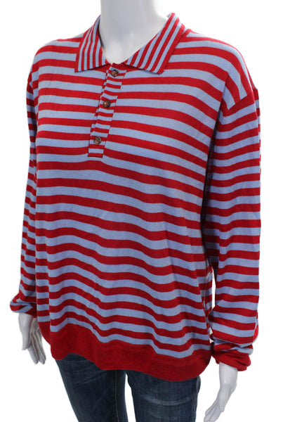La Ligne Women Red Silk Striped Collared Long Sleeve Polo Size XL