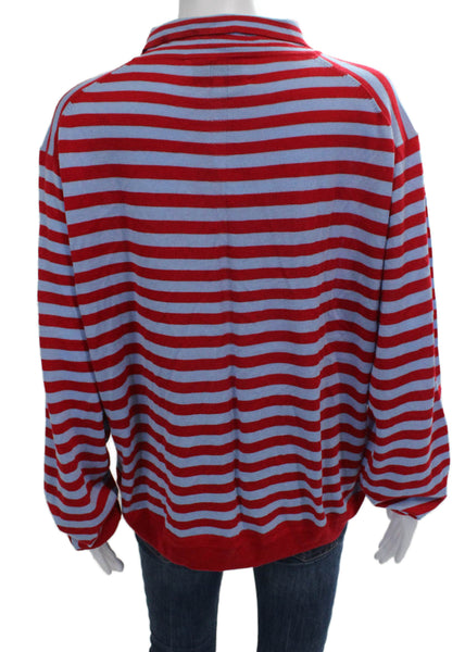 La Ligne Women Red Silk Striped Collared Long Sleeve Polo Size XL