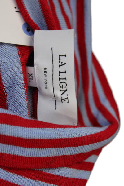La Ligne Women Red Silk Striped Collared Long Sleeve Polo Size XL