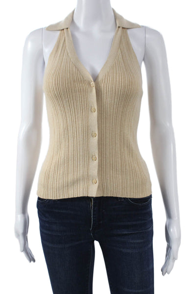 Paige Women Sleeveless Collared Organic Cotton Vest Beige Size 2XS
