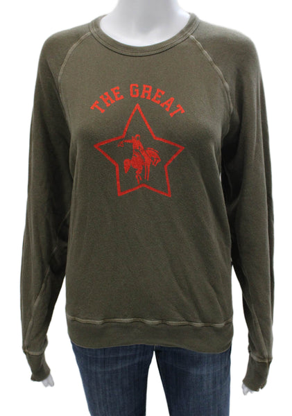 The Great Women Pullover Sweatshirt Green Cotton Crew Neck Long Sleeve Size 1