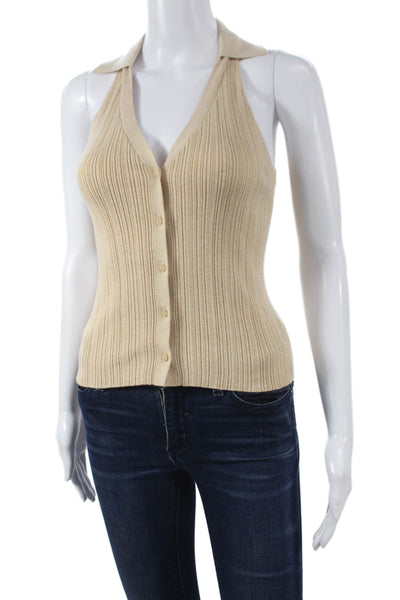 Paige Women Sleeveless Collared Organic Cotton Vest Beige Size 2XS