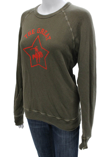 The Great Women Pullover Sweatshirt Green Cotton Crew Neck Long Sleeve Size 1