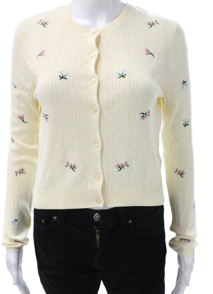 Zara Women Ivory Floral Cotton Round Neck Long Sleeve Cardigan Size M