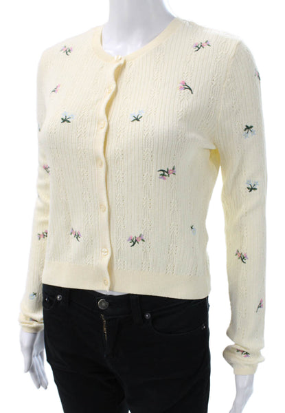 Zara Women Ivory Floral Cotton Round Neck Long Sleeve Cardigan Size M
