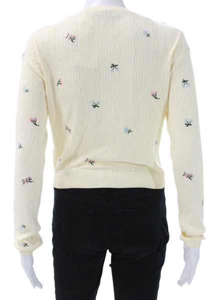 Zara Women Ivory Floral Cotton Round Neck Long Sleeve Cardigan Size M
