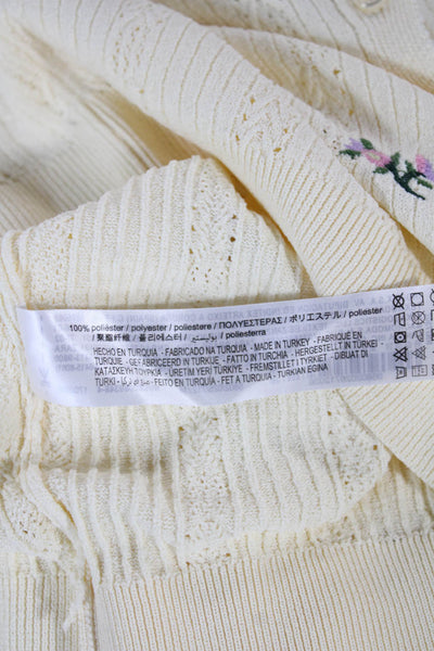 Zara Women Ivory Floral Cotton Round Neck Long Sleeve Cardigan Size M