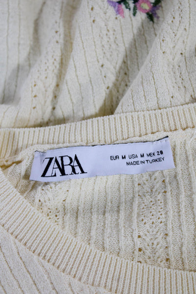 Zara Women Ivory Floral Cotton Round Neck Long Sleeve Cardigan Size M