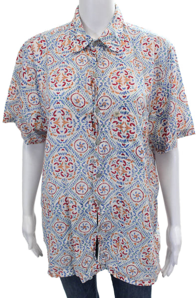 Anokhi Women Tunic Button-Up Multicolor Geometric Cotton Short Sleeve Size L
