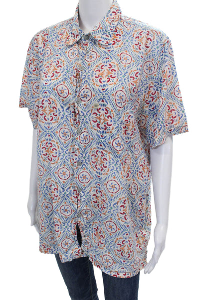 Anokhi Women Tunic Button-Up Multicolor Geometric Cotton Short Sleeve Size L