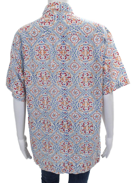 Anokhi Women Tunic Button-Up Multicolor Geometric Cotton Short Sleeve Size L