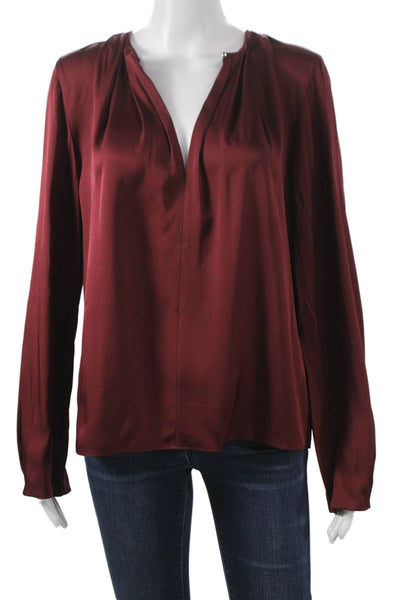 Vince Women Silk V-Neck Long Sleeve Blouse Red Pullover Size S