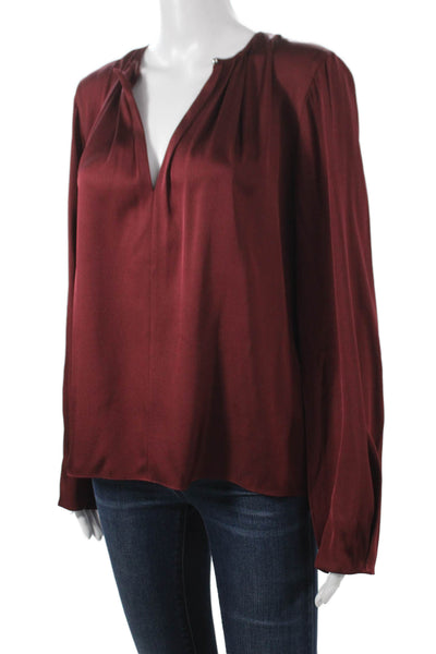 Vince Women Silk V-Neck Long Sleeve Blouse Red Pullover Size S