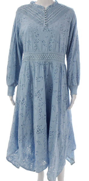 Madison Young Women Fit & Flare Blue Floral V-Neck Long Sleeve Dress Size L