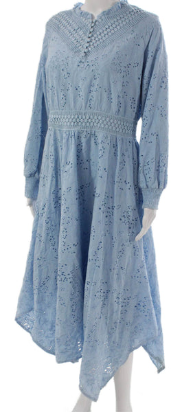 Madison Young Women Fit & Flare Blue Floral V-Neck Long Sleeve Dress Size L