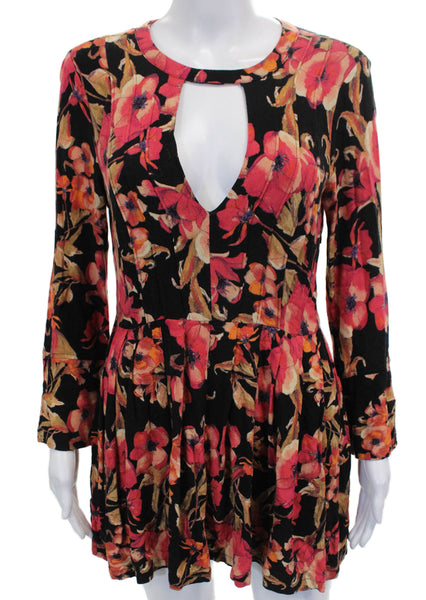 Free People Women Fit & Flare Black Floral V-Neck Long Sleeve Mini Dress Size 8
