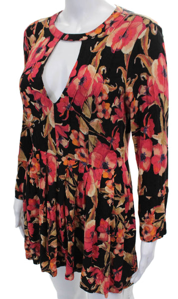 Free People Women Fit & Flare Black Floral V-Neck Long Sleeve Mini Dress Size 8