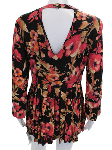 Free People Women Fit & Flare Black Floral V-Neck Long Sleeve Mini Dress Size 8