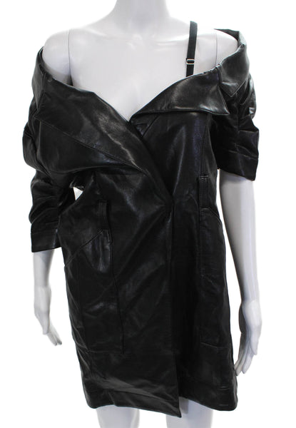 Cinq A Sept Women Jacket Dress Faux Leather Black Off Shoulder Knee Size 6