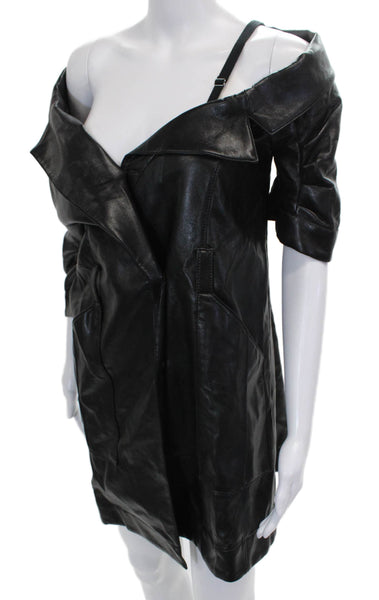 Cinq A Sept Women Jacket Dress Faux Leather Black Off Shoulder Knee Size 6