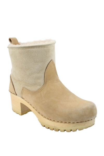 Designer Womens Slip On Block Heel Platform Shearling Lined Boots Beige Size 41