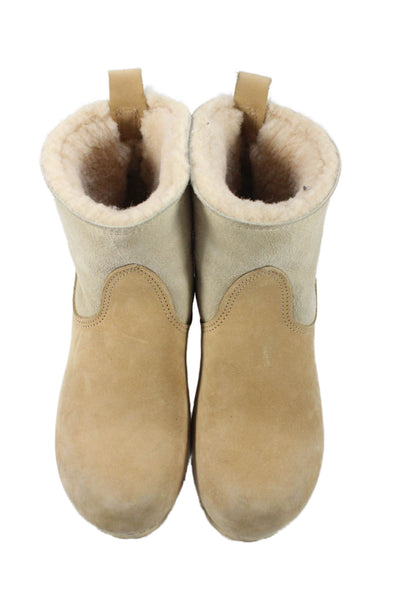 Designer Womens Slip On Block Heel Platform Shearling Lined Boots Beige Size 41