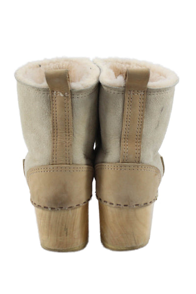 Designer Womens Slip On Block Heel Platform Shearling Lined Boots Beige Size 41