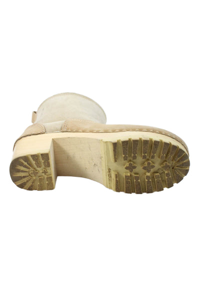 Designer Womens Slip On Block Heel Platform Shearling Lined Boots Beige Size 41