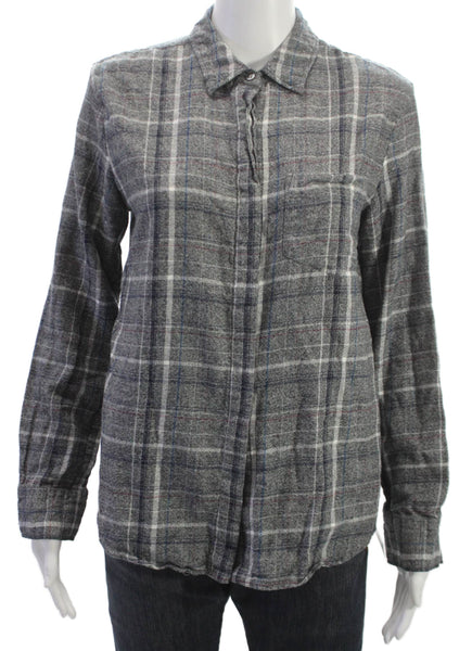 Jenni Kayne Womens Button-Up Gray Cotton Plaid Collared Long Sleeve Size S