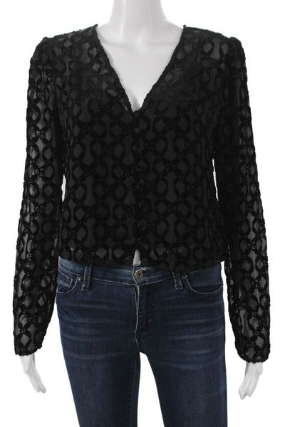 Paige Women Cropped Blouse Black Rayon V-Neck Long Sleeve Geometric Size 2