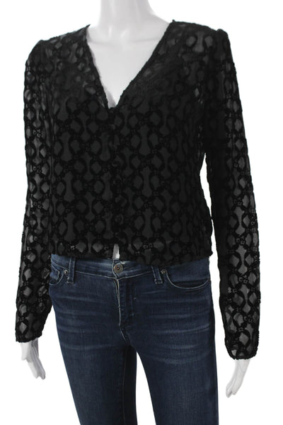 Paige Women Cropped Blouse Black Rayon V-Neck Long Sleeve Geometric Size 2