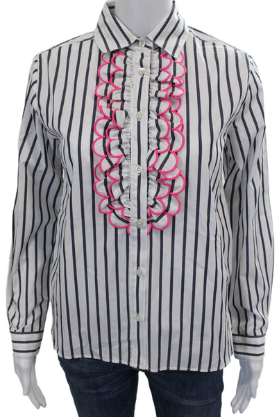 Vilagallo Women Striped Collared Cotton Button Up Top Long Sleeve Basic Size 2