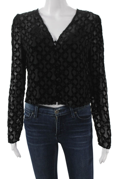 Paige Women Cropped Blouse Black V-Neck Geometric Long Sleeve Button Size 10