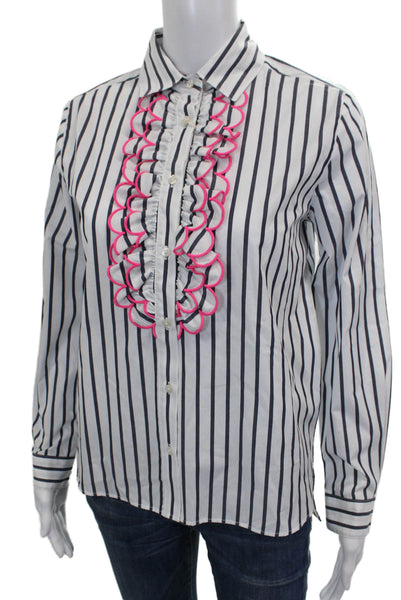 Vilagallo Women Striped Collared Cotton Button Up Top Long Sleeve Basic Size 2